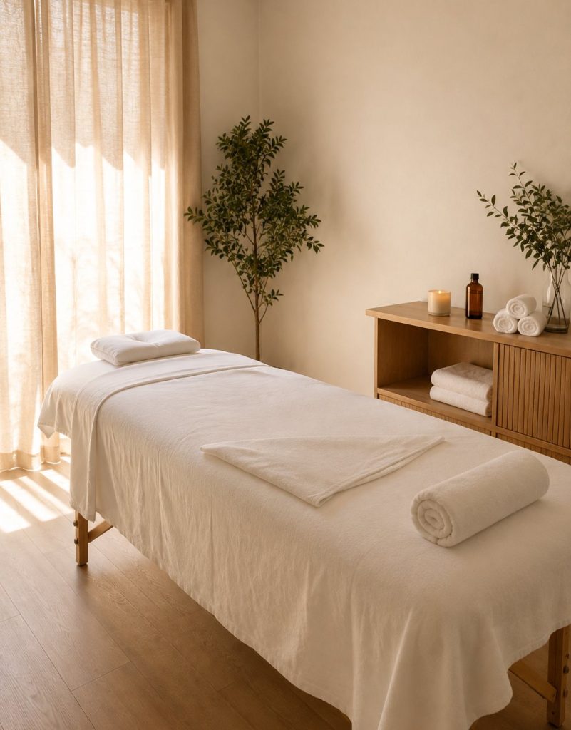 Cabine de soin préparée avant une première séance de massage