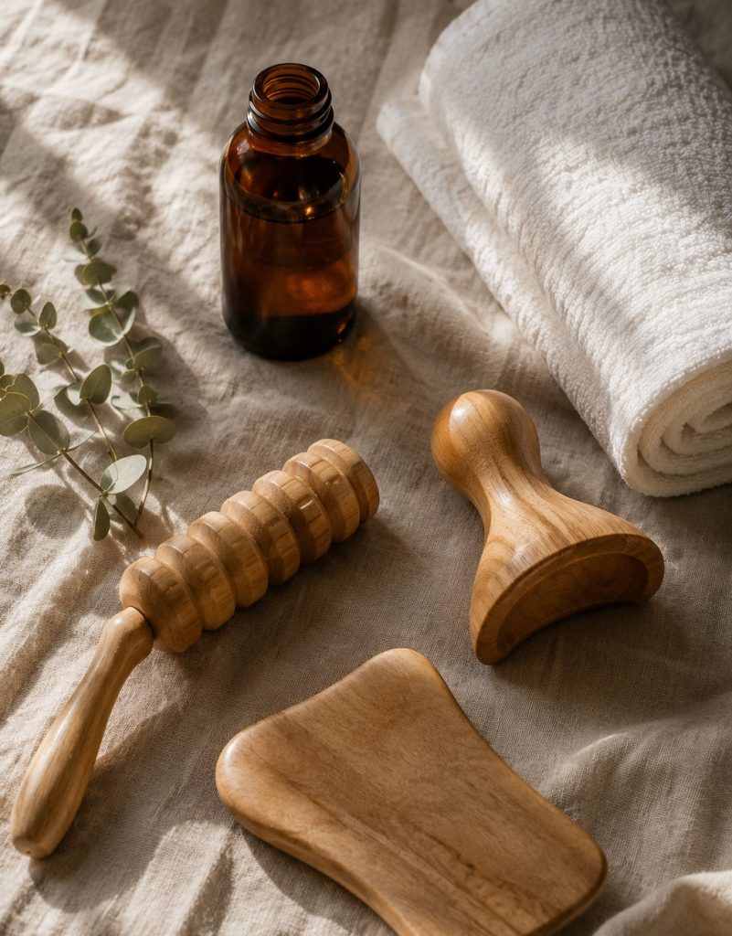 Instruments de madérothérapie en bois posés sur du lin, avec huile végétale