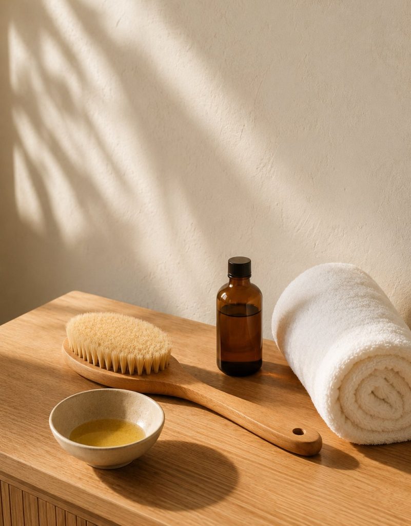 Brosse de massage, huile végétale et serviette pour un soin du corps